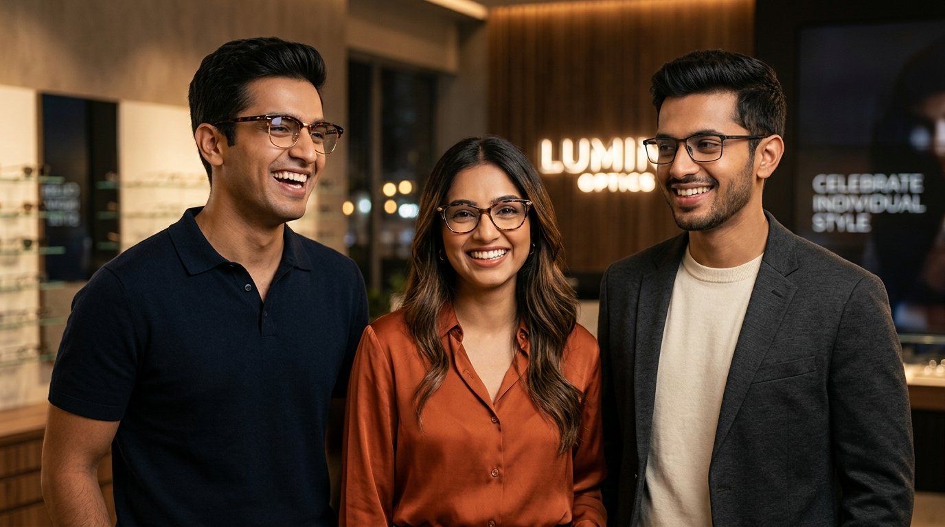 Diverse stylish people wearing Armani Exchange and Vogue designer eyeglasses